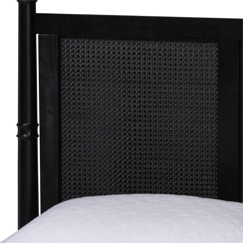 Baxton Studio Marisela Bed with Rattan Headboard Black Wood Frame Queen Size