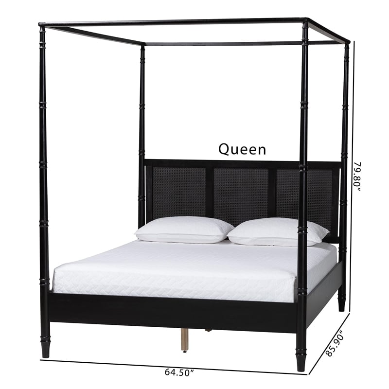 Baxton Studio Marisela Bed with Rattan Headboard Black Wood Frame Queen Size