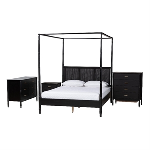 Baxton Studio Marisela 4 Piece Black Bedroom Set Rattan Headboard King