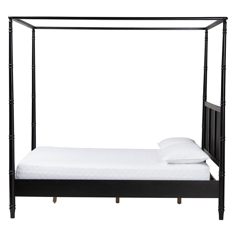 Baxton Studio Marisela Bed with Rattan Headboard Black Wood Frame King Size