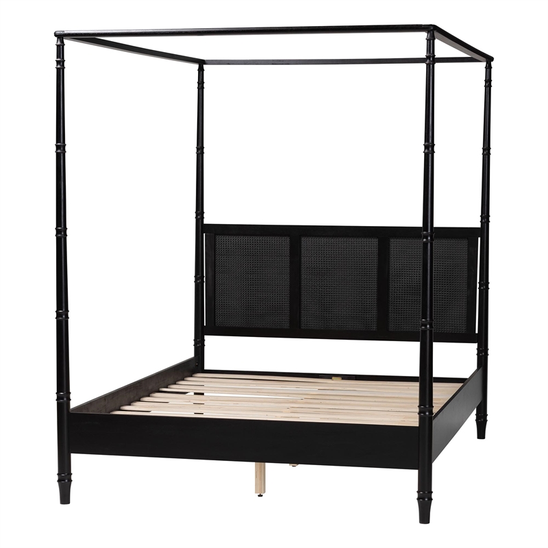 Baxton Studio Marisela Bed with Rattan Headboard Black Wood Frame King Size