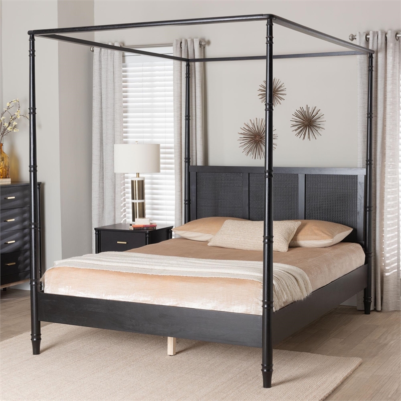 Baxton Studio Marisela Bed with Rattan Headboard Black Wood Frame King Size