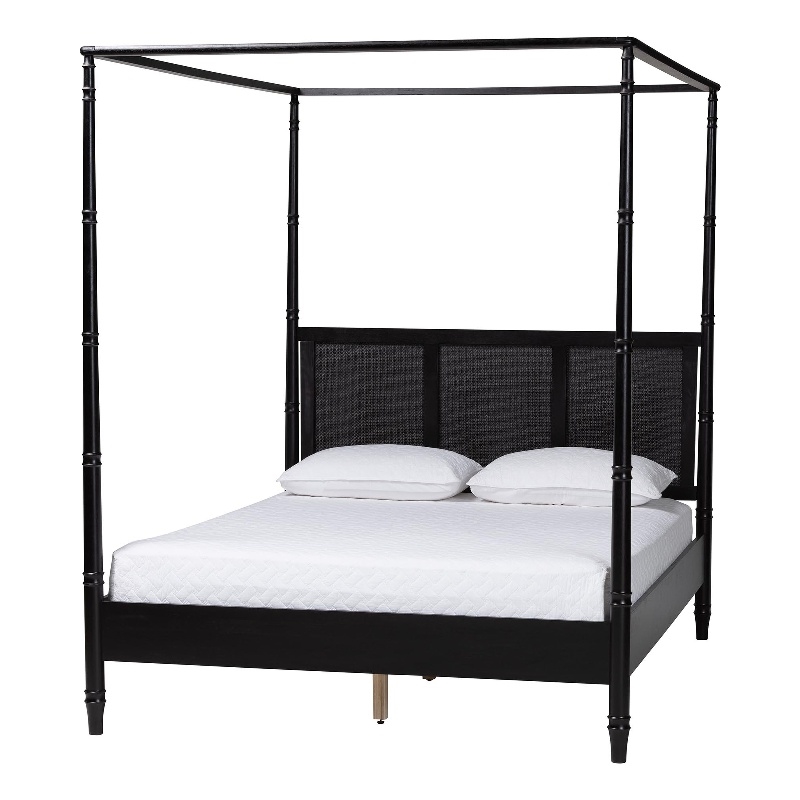 Baxton Studio Marisela Bed with Rattan Headboard Black Wood Frame King Size