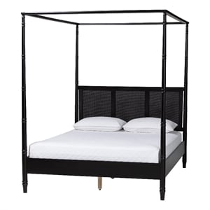 Baxton Studio Marisela Bed with Rattan Headboard Black Wood Frame King Size