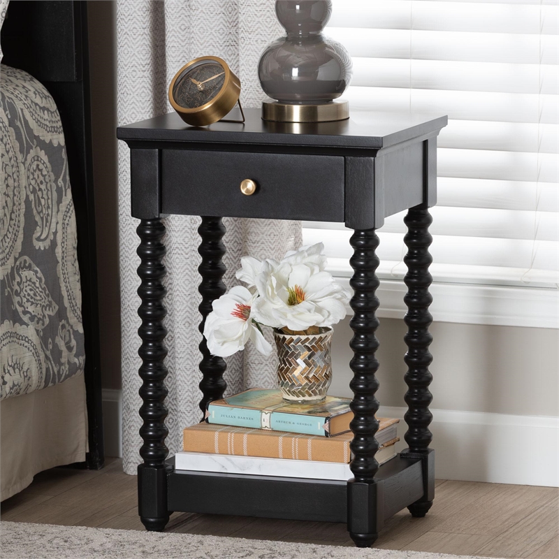 Baxton Studio Terentia Nightstand with Bobbin Legs 1-Drawer Black