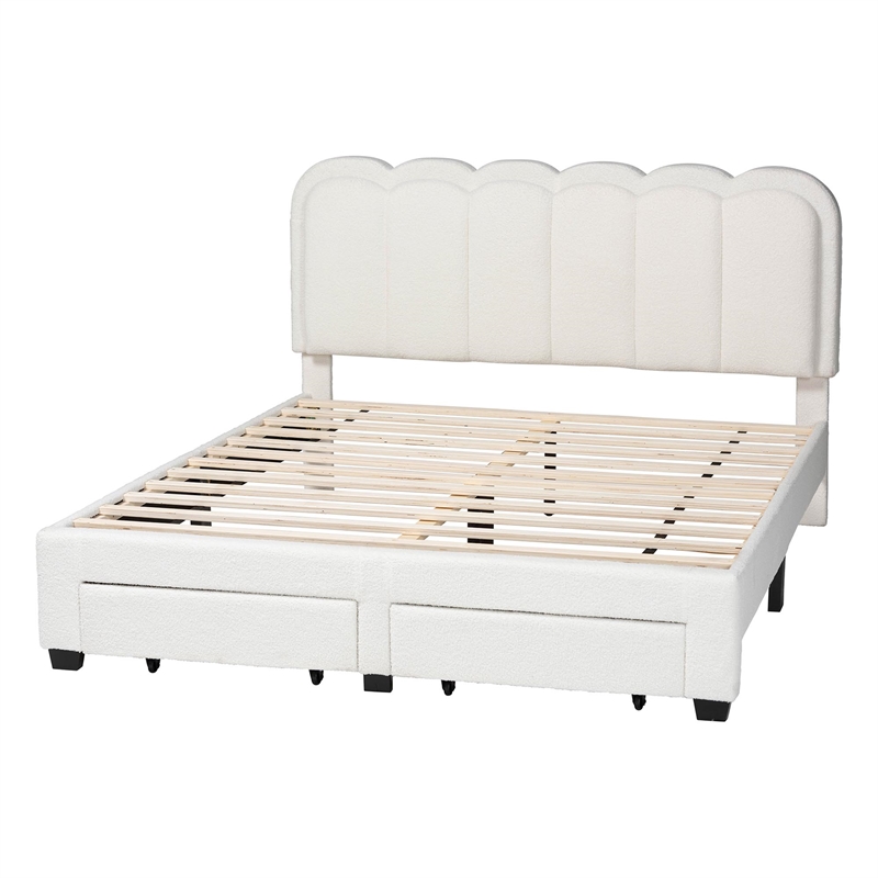 Baxton Studio Caradonna Cream Teddy-Bear Fabric Bed with Storage Drawers Queen