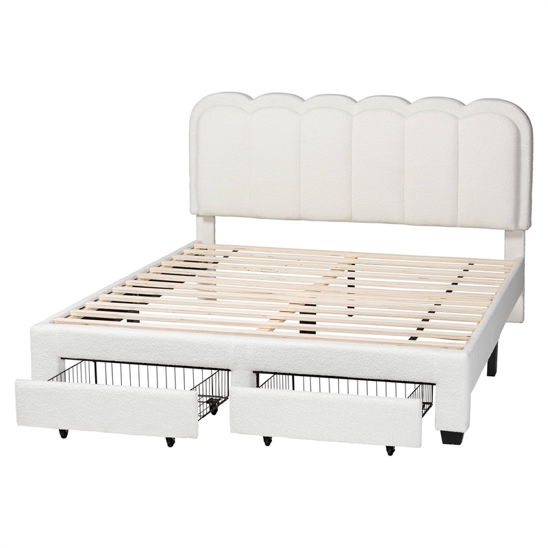 Baxton Studio Caradonna Cream Teddy-Bear Fabric Bed with Storage Drawers Queen
