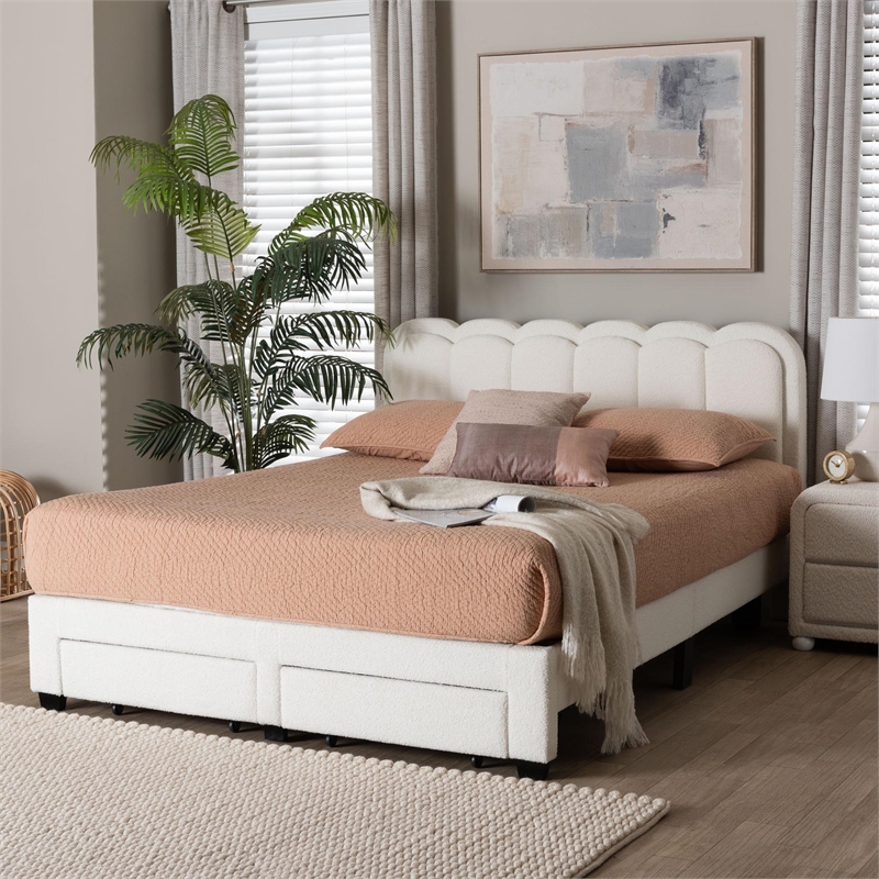 Baxton Studio Caradonna Cream Teddy-Bear Fabric Bed with Storage Drawers Queen
