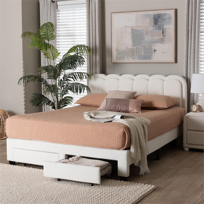 Baxton Studio Caradonna Cream Teddy-Bear Fabric Bed with Storage Drawers Queen