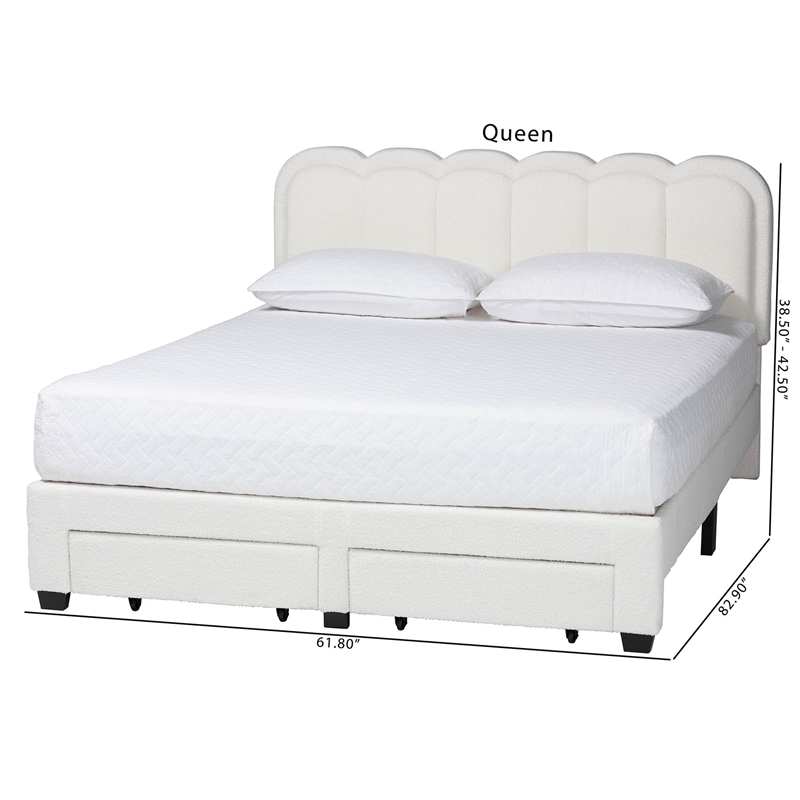 Baxton Studio Caradonna Cream Teddy-Bear Fabric Bed with Storage Drawers Queen