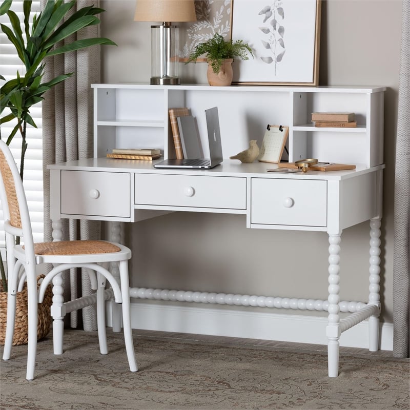 Baxton Studio Archwood Writing Desk with Hutch 3-Drawer Wood Desk White