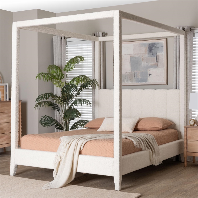 Baxton Studio Aerona Upholstered Canopy Bed Four Poster Platform Bed Queen
