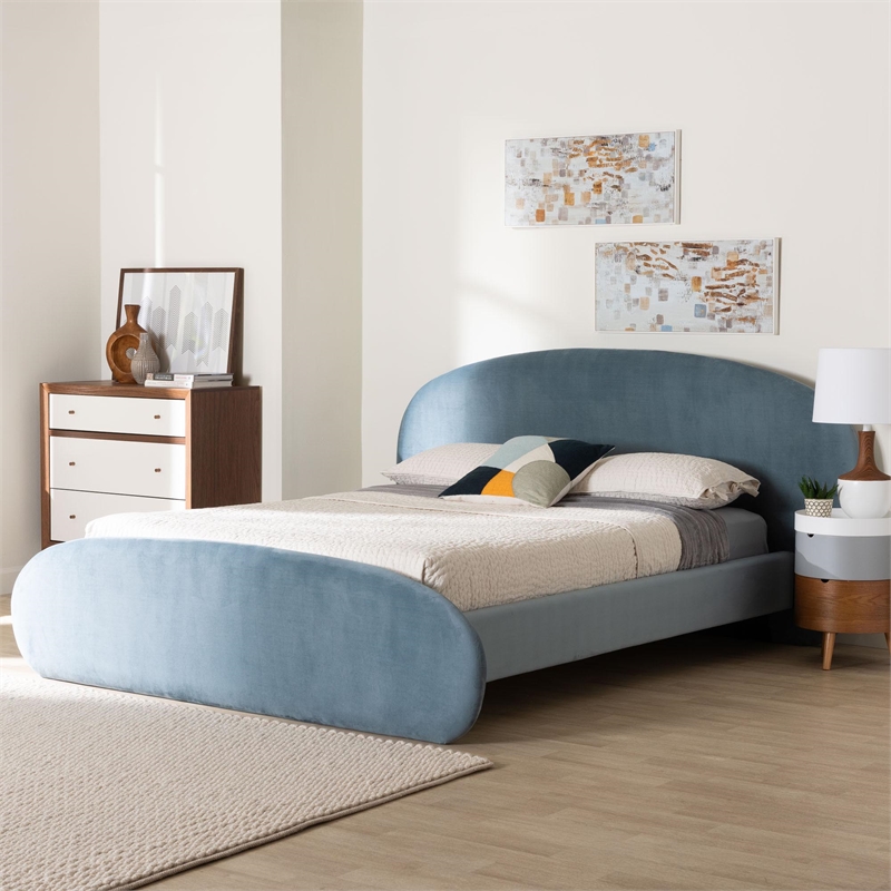 Baxton Studio Ekram Velvet Upholstered Platform Bed Bed Frame Queen