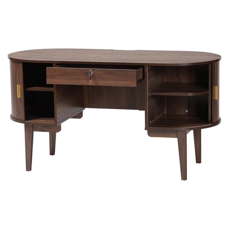Baxton Studio Hayes Wood Writing Desk Mid-Century Modern Oval Desk with Drawer