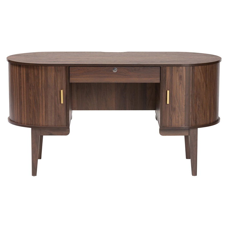 Baxton Studio Hayes Wood Writing Desk Mid-Century Modern Oval Desk with Drawer