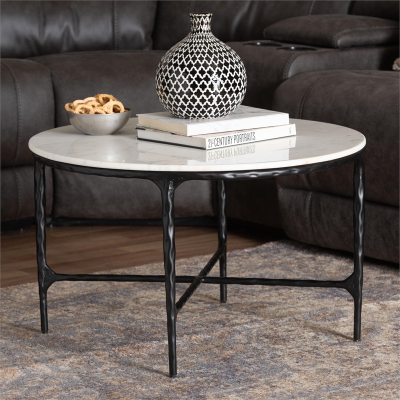 Baxton Studio Akanji Marble Coffee Table Modern Rustic Accent Table Round