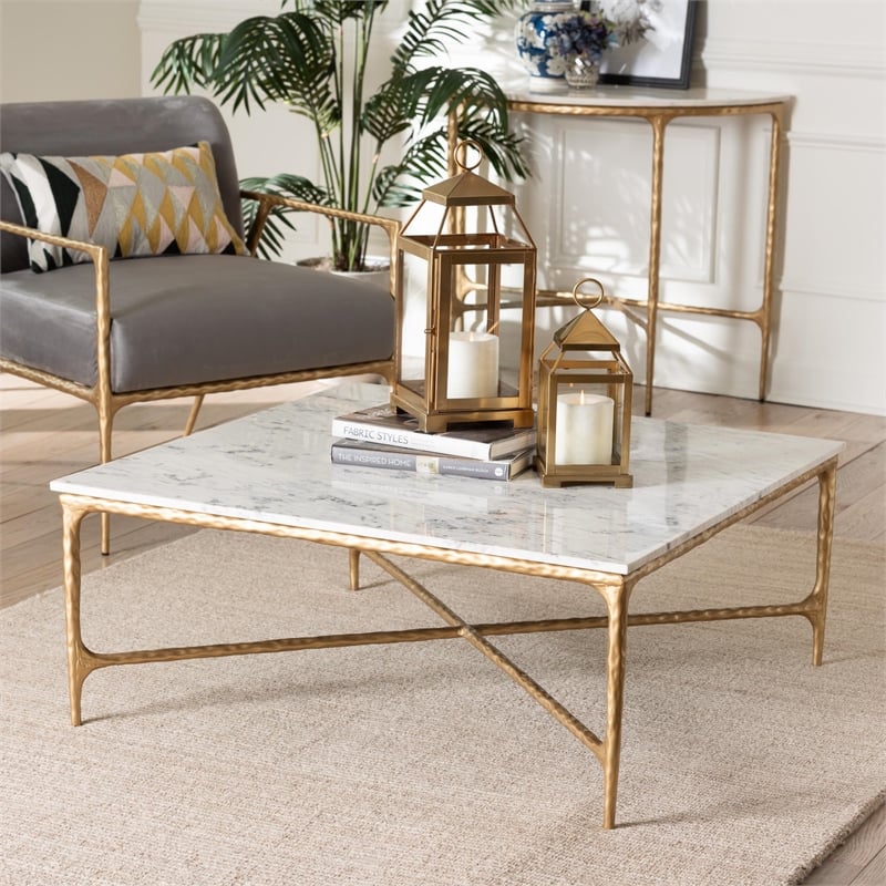 Baxton Studio Akanji Marble Coffee Table Modern Rustic Accent Table Square