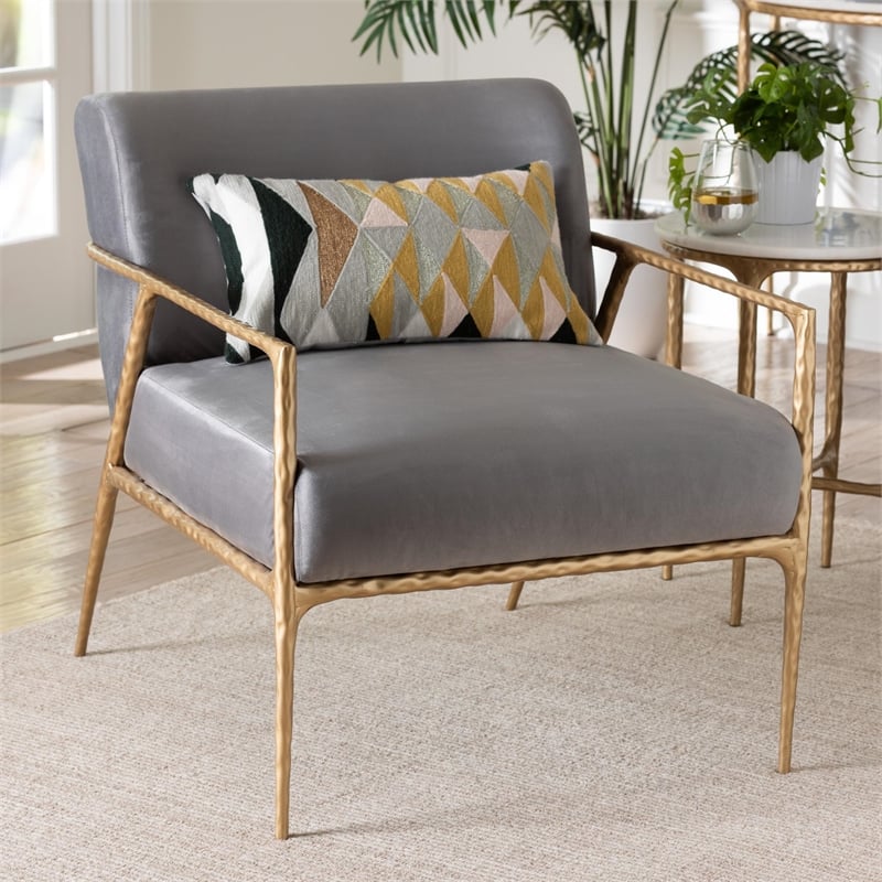 Baxton Studio Ilmari Velvet Lounge Chair with Track Arms Modern Rustic Armchair