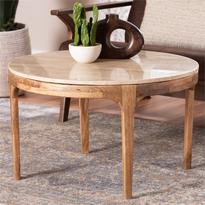 Baxton Studio Prospero Round Travertine Coffee Table Modern Accent Table