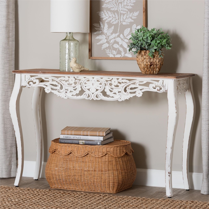 Baxton Studio Riquin Distressed Wood Console Table Carved Wood Accent Table