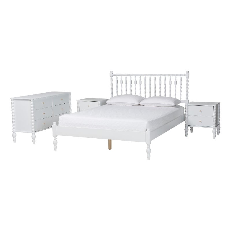 Baxton Studio Callison Spindle 4-Piece Bedroom Set Platform Bed White Queen