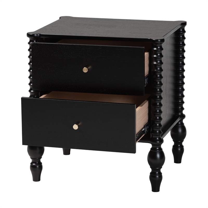 Baxton Studio Callison Spindle Nightstand 2-Drawer Farmhouse Bedside Table Black