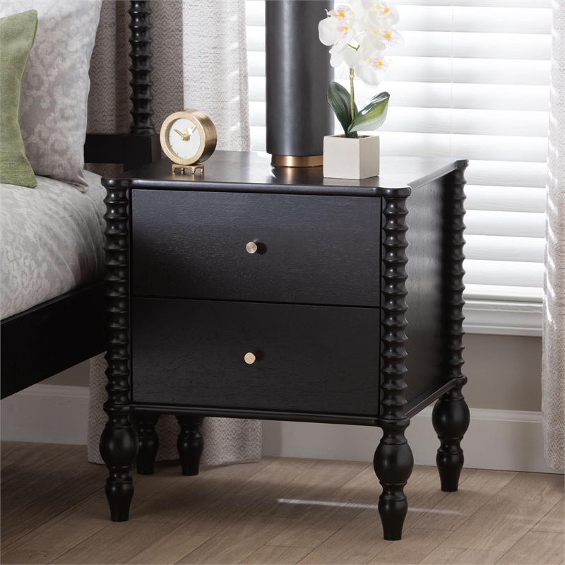 Baxton Studio Callison Spindle Nightstand 2-Drawer Farmhouse Bedside Table Black