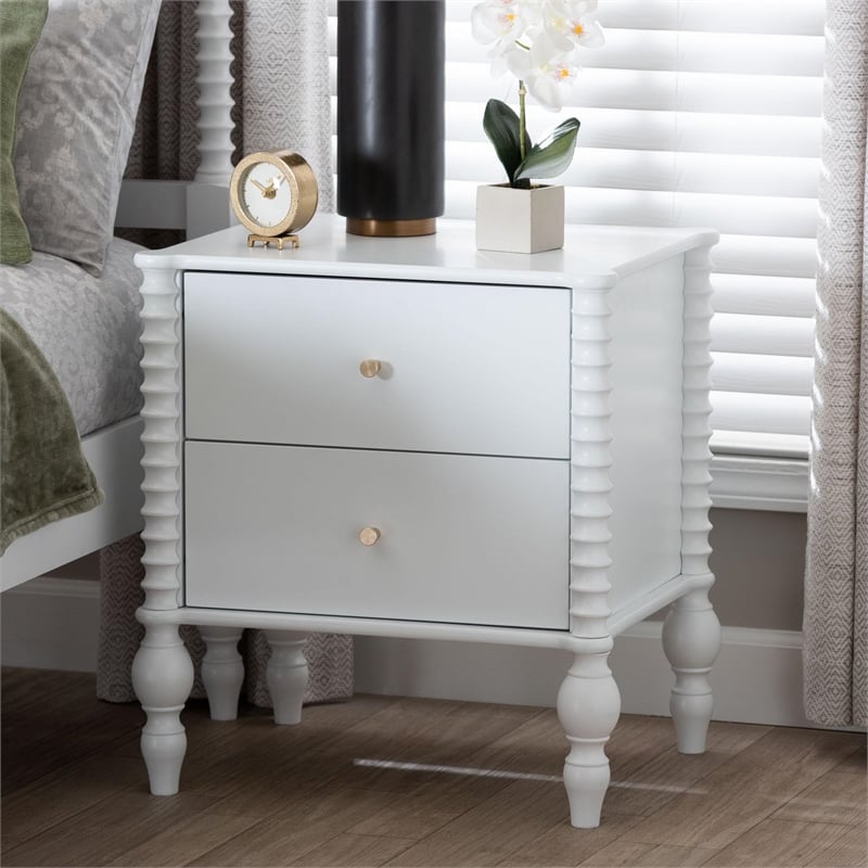 Baxton Studio Callison Spindle Nightstand 2-Drawer Farmhouse Bedside Table White