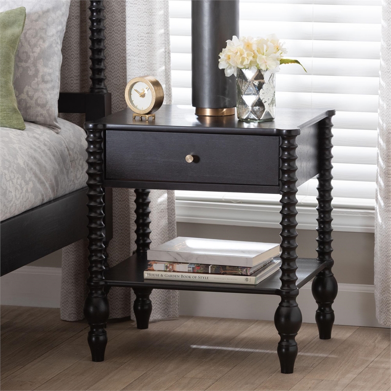 Baxton Studio Callison Spindle Nightstand 1-Drawer Farmhouse Bedside Table Black