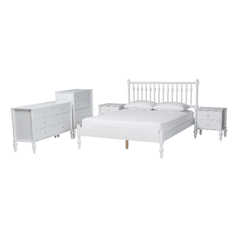 Baxton Studio Callison Spindle 5-Piece Bedroom Set Platform Bed White Full