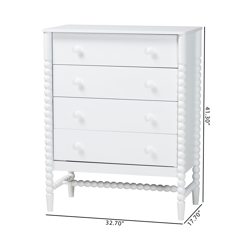 Baxton Studio Brantley Spindle Chest 4-Drawer Vertical Storage Cabinet White