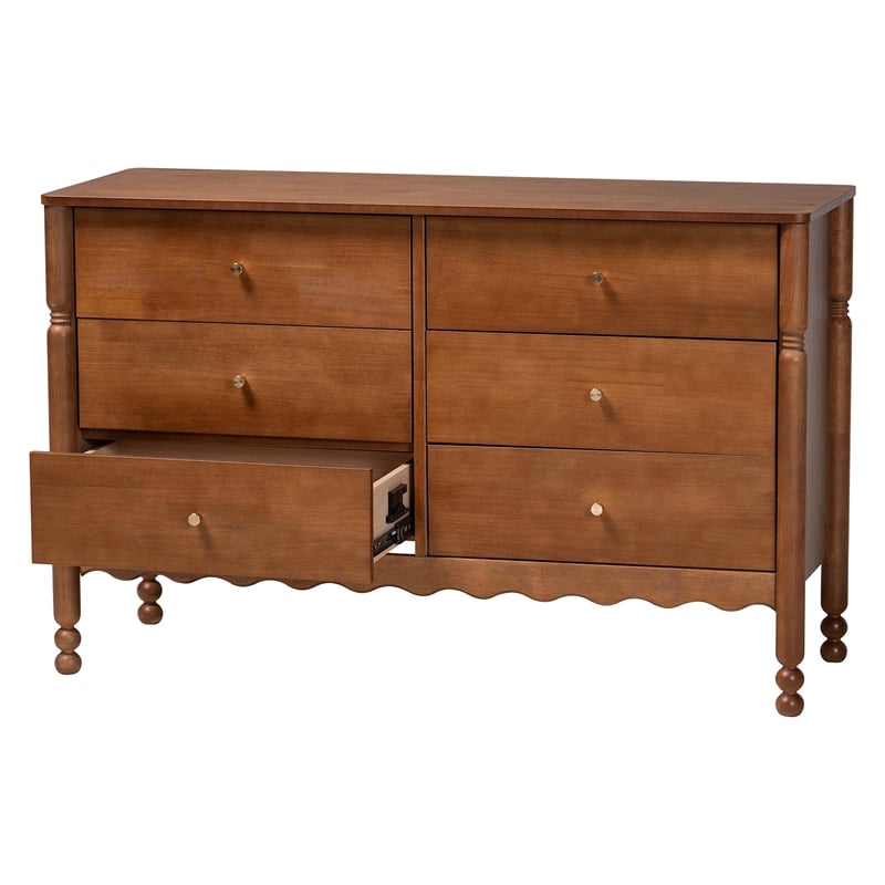 Baxton Studio Hoffman Dresser 6-Drawer Horizontal Storage Cabinet Walnut Brown