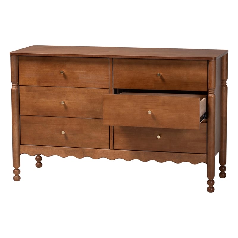 Baxton Studio Hoffman Dresser 6-Drawer Horizontal Storage Cabinet Walnut Brown