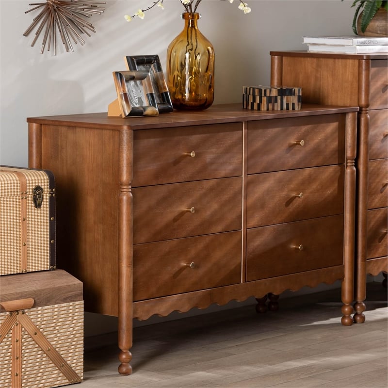 Baxton Studio Hoffman Dresser 6-Drawer Horizontal Storage Cabinet Walnut Brown