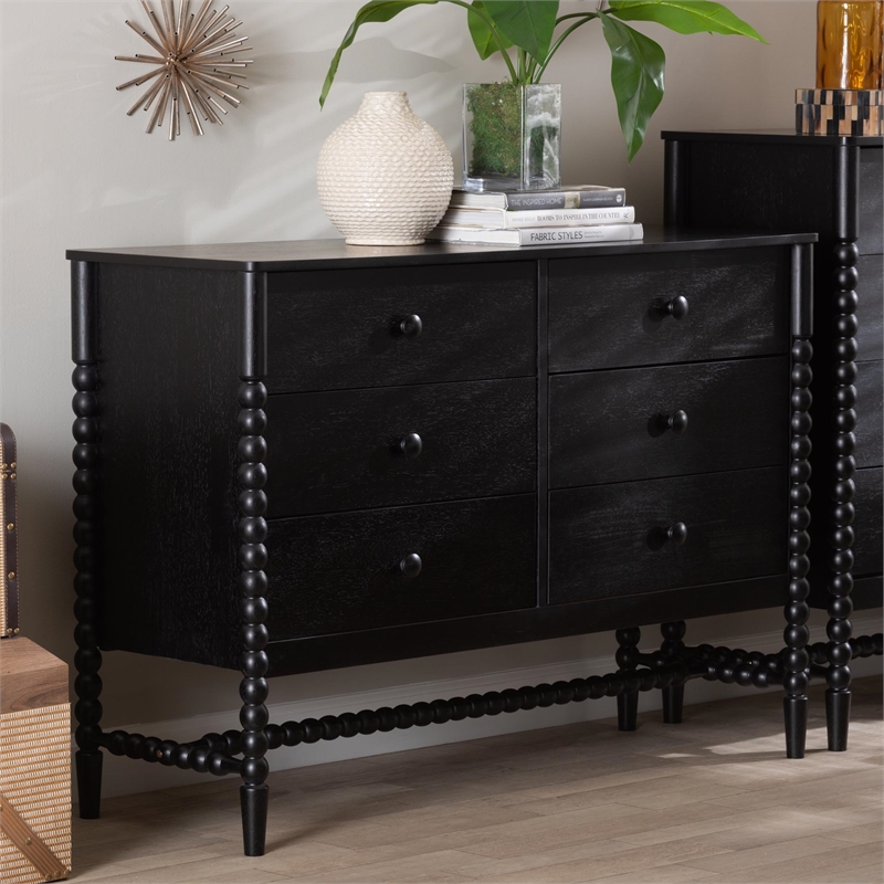 Baxton Studio Brantley Spindle Dresser 6-Drawer Horizontal Storage Cabinet Black