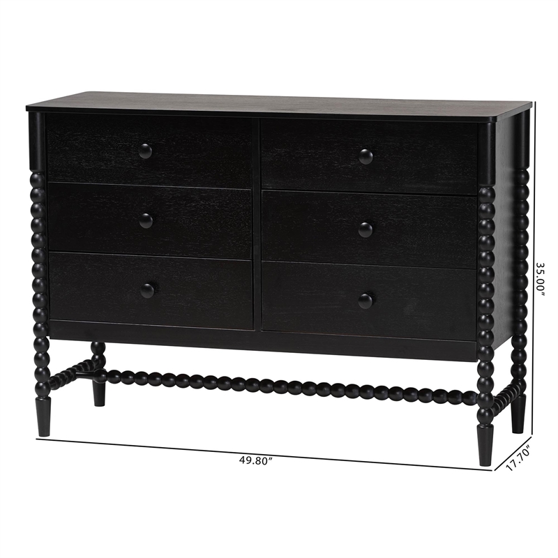 Baxton Studio Brantley Spindle Dresser 6-Drawer Horizontal Storage Cabinet Black