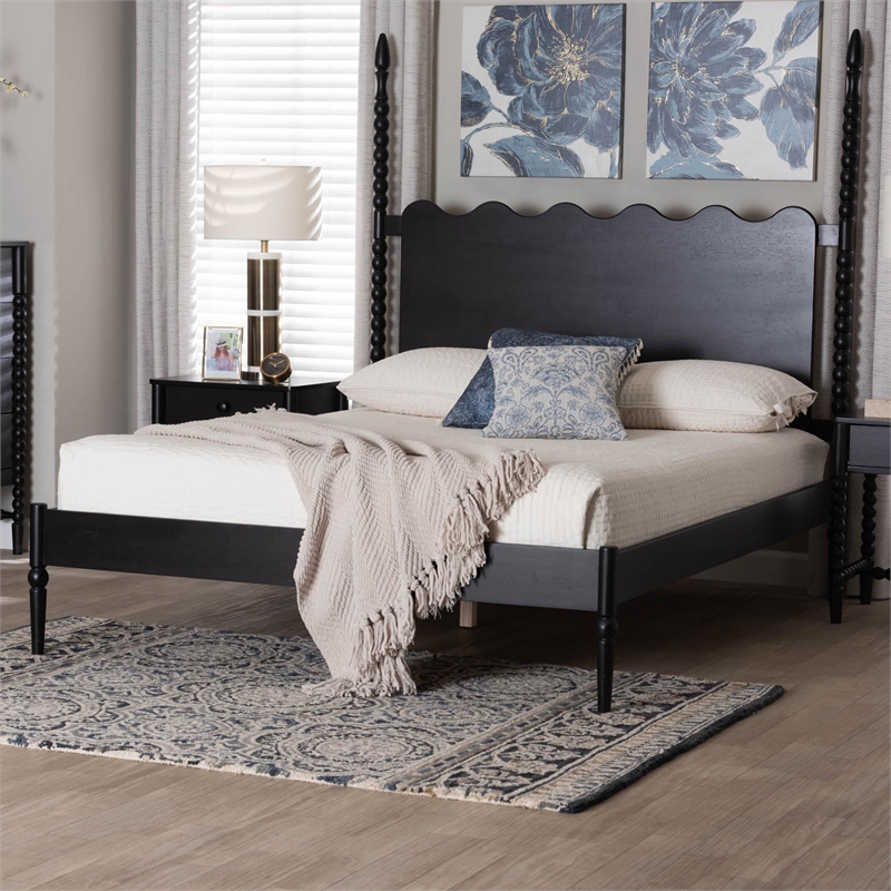 Baxton Studio Brantley Spindle Platform Bed Frame with Headboard Black Queen