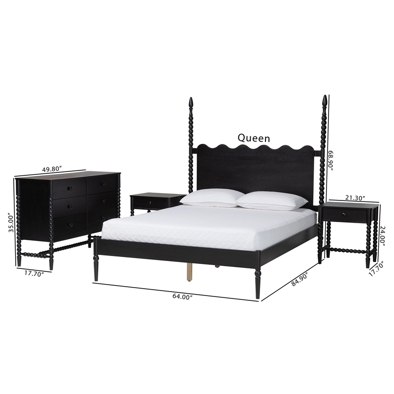 Baxton Studio Brantley 4-Piece Bedroom Set Dresser Nightstands Black Queen