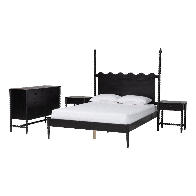 Baxton Studio Brantley 4-Piece Bedroom Set Dresser Nightstands Black Queen