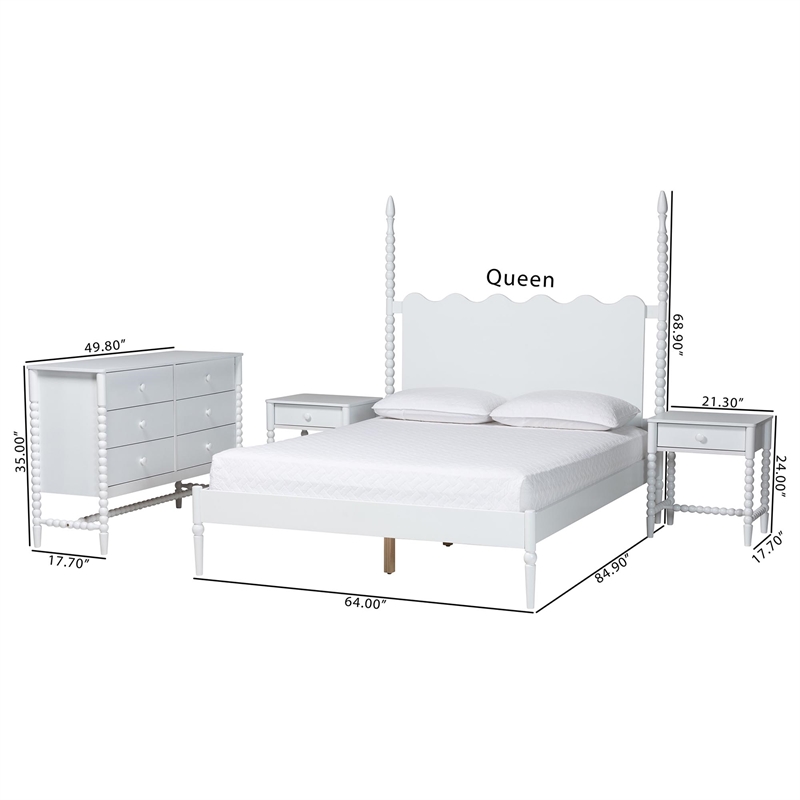 Baxton Studio Brantley 4-Piece Bedroom Set Dresser Nightstands White Queen