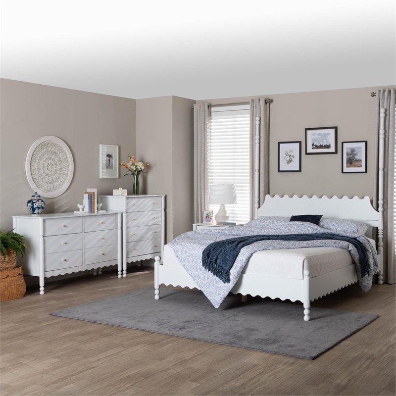 Baxton Studio Hoffman 4-Piece Bedroom Set Dresser Chest Nightstand White Queen