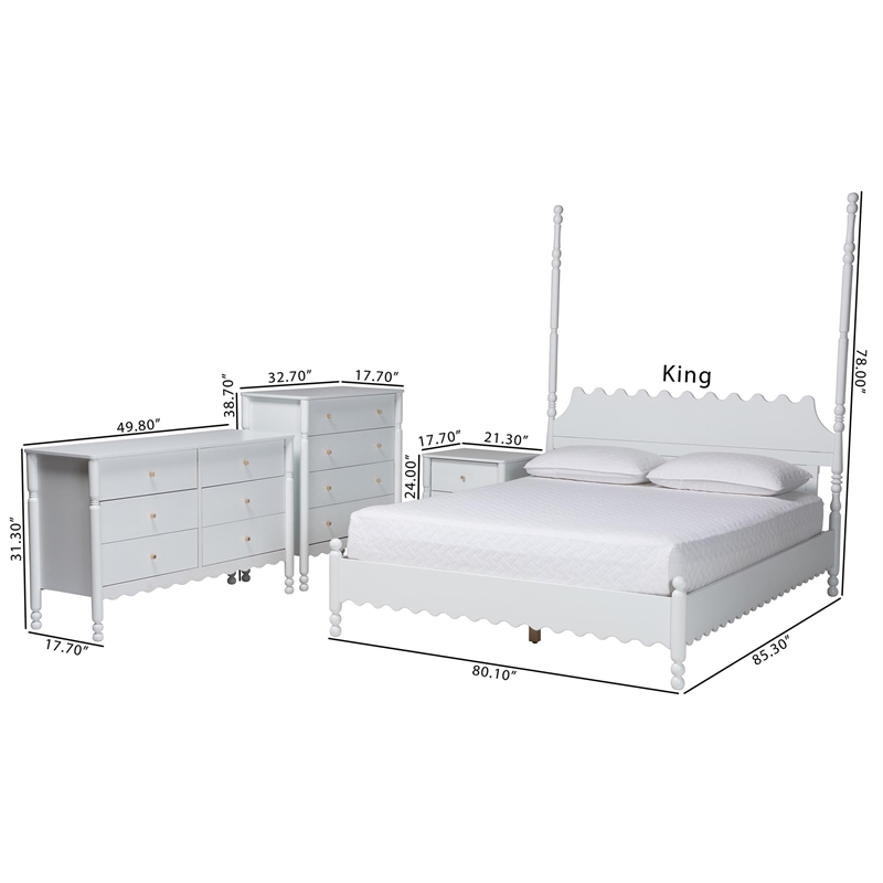 Baxton Studio Hoffman 4-Piece Bedroom Set Dresser Chest Nightstand White Queen