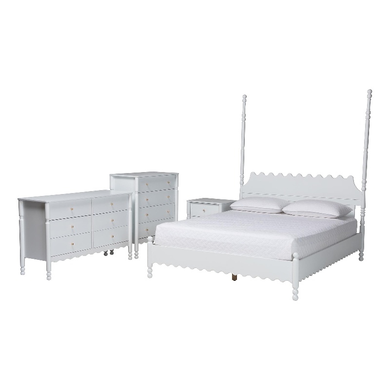 Baxton Studio Hoffman 4-Piece Bedroom Set Dresser Chest Nightstand White Queen