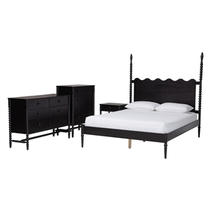 Baxton Studio Brantley 4-Piece Bedroom Set Dresser Chest Nightstand Black Queen
