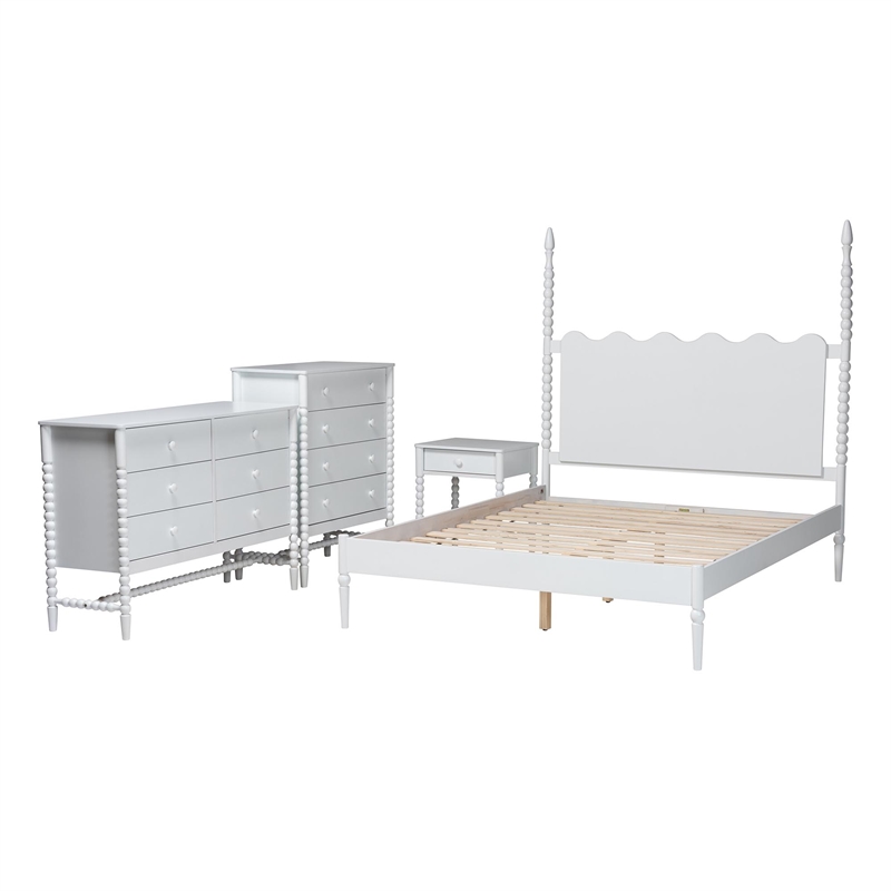 Baxton Studio Brantley 4-Piece Bedroom Set Dresser Chest Nightstand White Queen