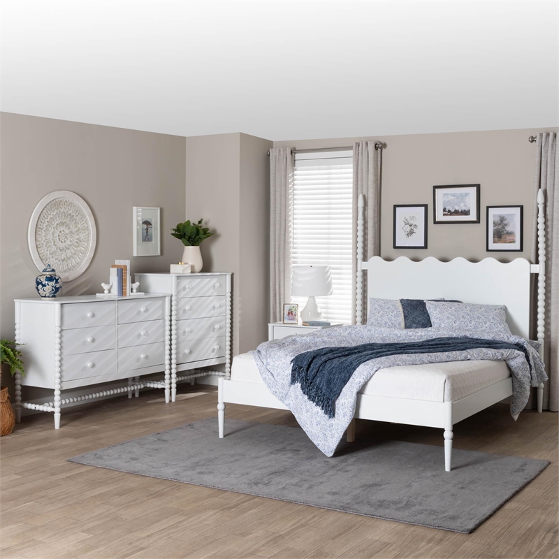 Baxton Studio Brantley 4-Piece Bedroom Set Dresser Chest Nightstand White Queen
