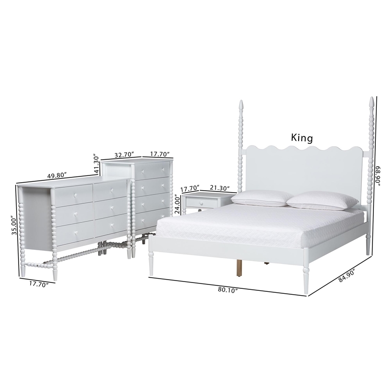 Baxton Studio Brantley 4-Piece Bedroom Set Dresser Chest Nightstand White Queen