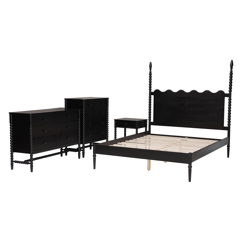 Baxton Studio Brantley 4-Piece Bedroom Set Dresser Chest Nightstand Black King