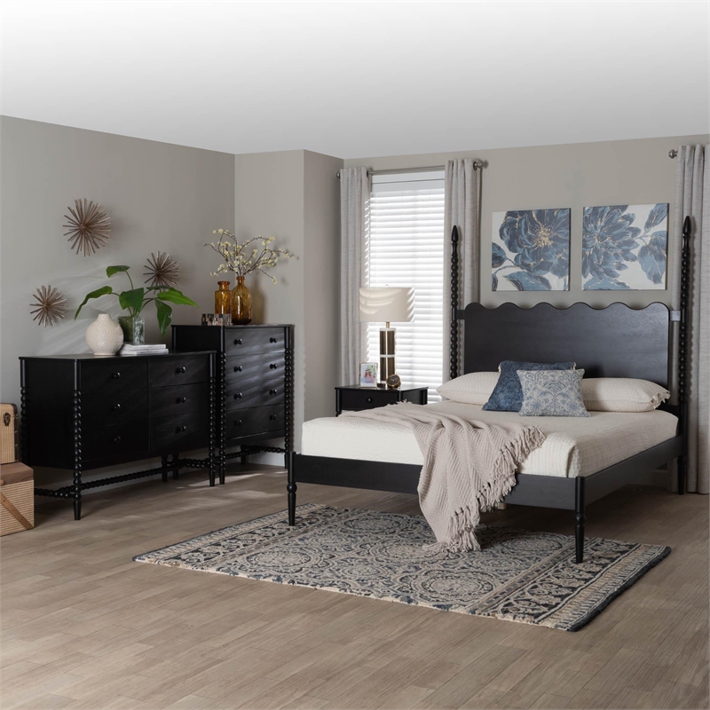 Baxton Studio Brantley 4-Piece Bedroom Set Dresser Chest Nightstand Black King