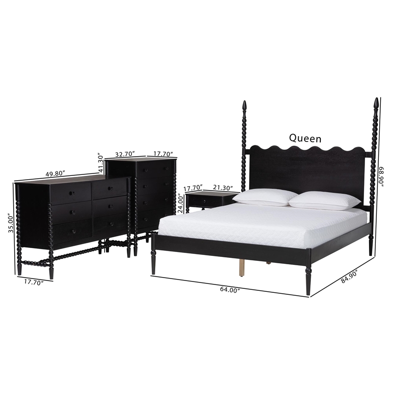 Baxton Studio Brantley 4-Piece Bedroom Set Dresser Chest Nightstand Black King